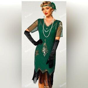 1920 Vintage Flapper Party Formal Evening Beaded Embroidered Fringe Dress gown
